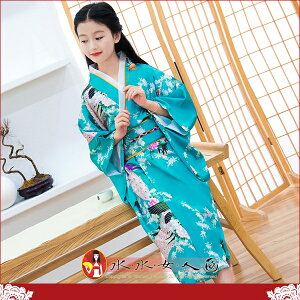 日式風情！日式小女孩和服，復古印花女童浴衣睡袍-孔雀(湖藍色)-水水女人國