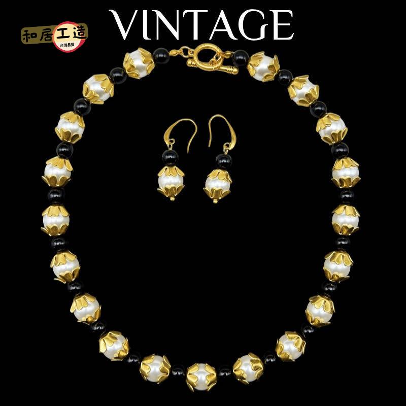 中古Vintage電鍍真金重工百搭時尚氣質撞色珍珠項鏈套裝[DD0508003]