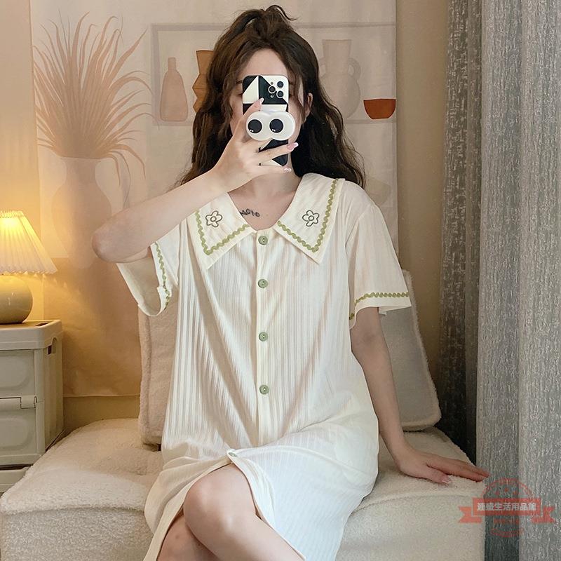 睡裙女夏季棉質短袖薄款孕婦寬松襯衫裙性感大碼中長款睡衣家居服