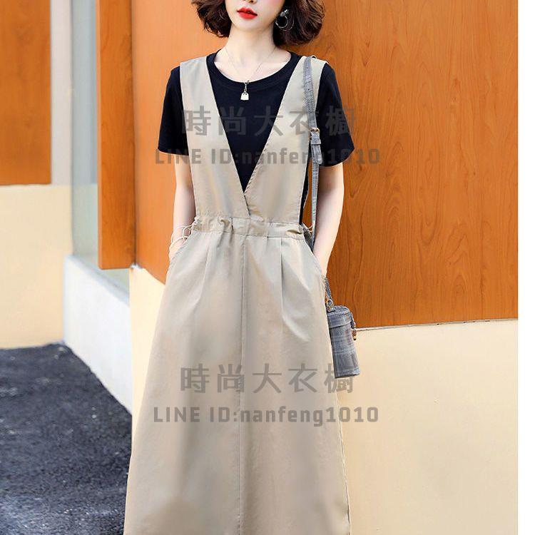 兩件式短袖裙裝套裝短袖t恤背帶裙純棉寬鬆顯瘦中長款過膝大碼連身裙【時尚大衣櫥】 1