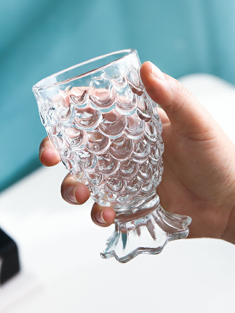 魚鱗紋無鉛玻璃浮雕杯 創意菠蘿杯 美人魚款啤酒杯家用水杯果汁杯