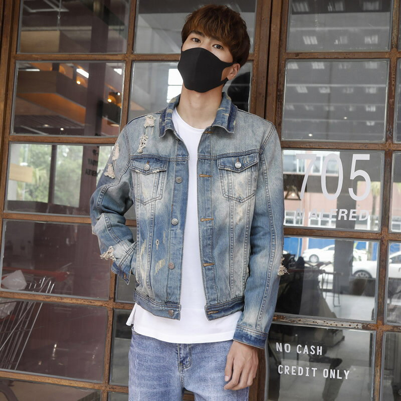 牛仔外套丹寧夾克-寬鬆破洞作舊薄款男外套73wu14【獨家進口】【米蘭精品】