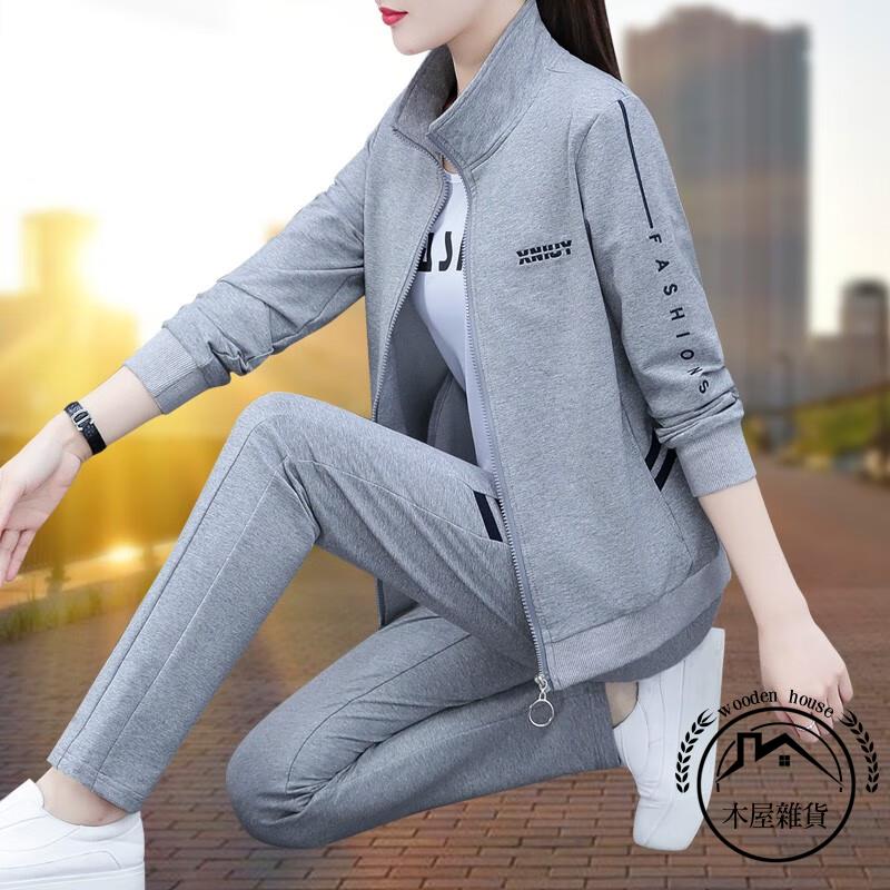 休閒運動套裝女時尚百搭跑步服衛衣女長袖褲裝2件式女【木屋雜貨】