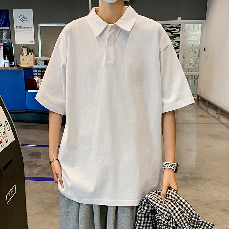 純色polo衫男短袖潮牌百搭ins寬松港風2022夏季新款純棉翻領T恤t