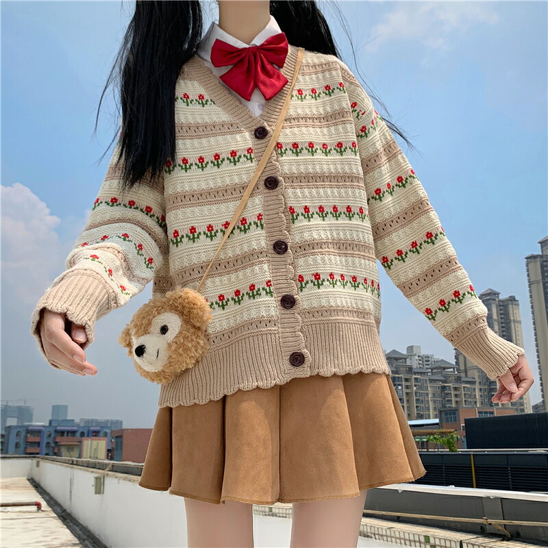 毛衣外套女開衫春秋季日系學生學院風寬松外穿可愛長袖花朵針織衫