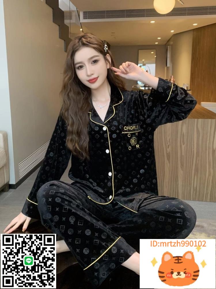 日本代購黑色小香風金絲絨睡衣女春秋款翻領奢華可外穿家居服套裝-時尚精品