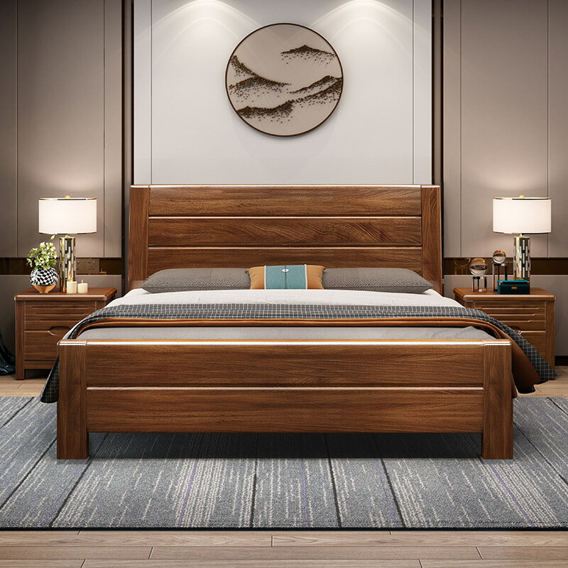 楓林宜居 實木床胡桃木中式現代簡約單雙人床1.8米婚床主臥室1.5輕奢儲物床