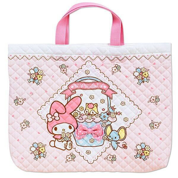 【UNIPRO】日貨 My Melody 美樂蒂 MM 布面 菱格 縫紉 雙提帶設計 手提包 手提袋 購物袋 三麗鷗正版授權 日本製