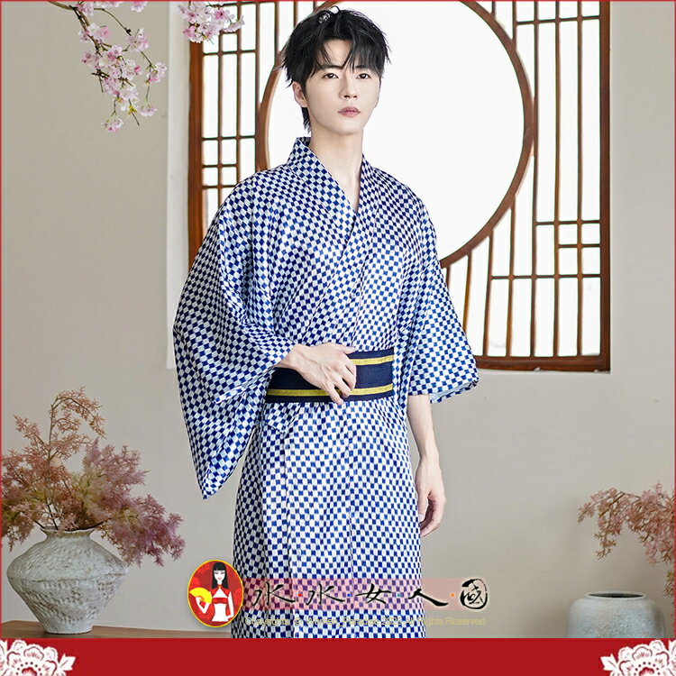 日本傳統男士和服正裝日系武士服和風浴衣長袍家居服日常活動演出服飾｜藍格子｜水水女人國