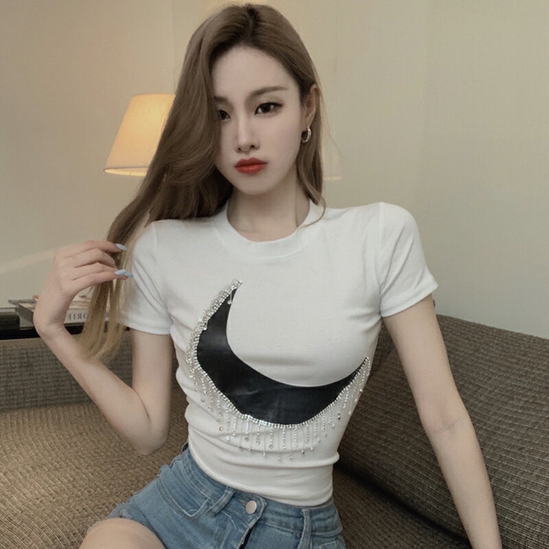 夏季新款韓風chic設計感流蘇燙鉆短袖T恤女修身短款上衣ins潮