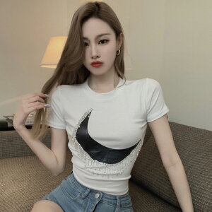 夏季新款韓風chic設計感流蘇燙鉆短袖T恤女修身短款上衣ins潮