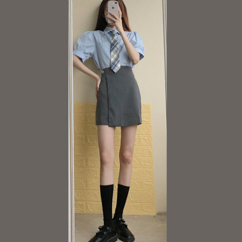 學院風套裝女夏短袖藍色襯衫不規則半身裙jk制服韓國女高校服學生