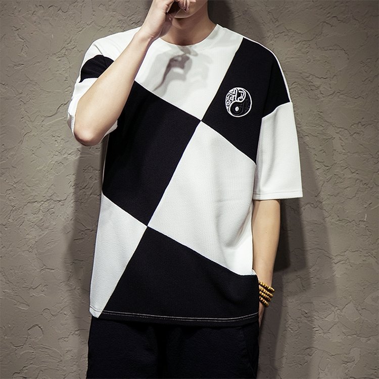 FINDSENSE H1 2018 夏季 新款 日本 男 黑白拼接 寬鬆 加大碼 T恤 短袖 時尚 休閒 潮上衣