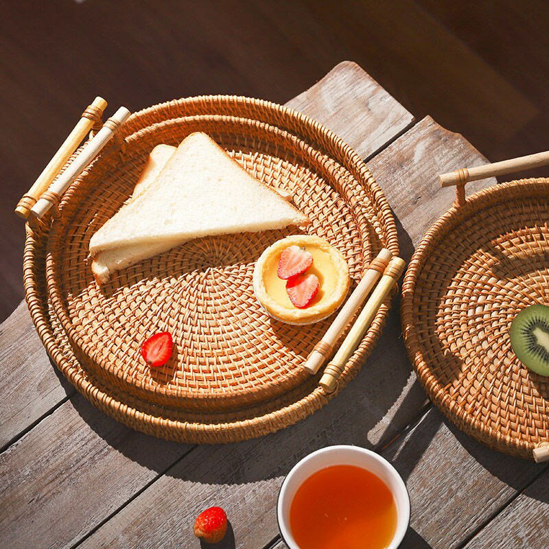 越南藤編托盤水果盤雙耳藤籃編織早餐籃日式竹編面包筐點心籃子