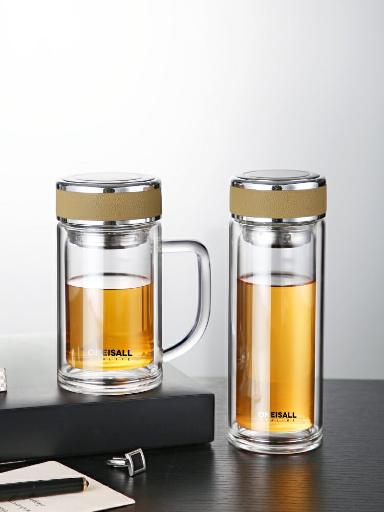 雙層玻璃杯家用男士辦公室水杯女帶手柄便攜簡約大容量過濾泡茶杯