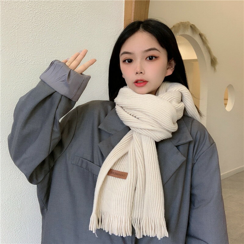 純色豎條紋復古流蘇圍巾女秋冬季百搭韓版加厚保暖圍脖針織ins潮