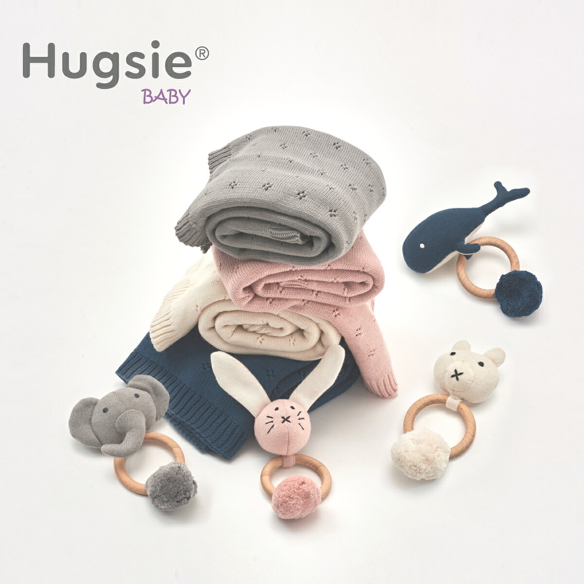 HugsieBABY 有機棉透透毯．安撫手搖鈴(多款可選)★衛立兒生活館★