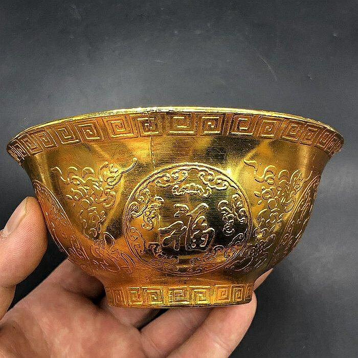 古玩古董雜項收藏大清乾隆年製鎏金福祿壽喜財碗工藝品家居擺件