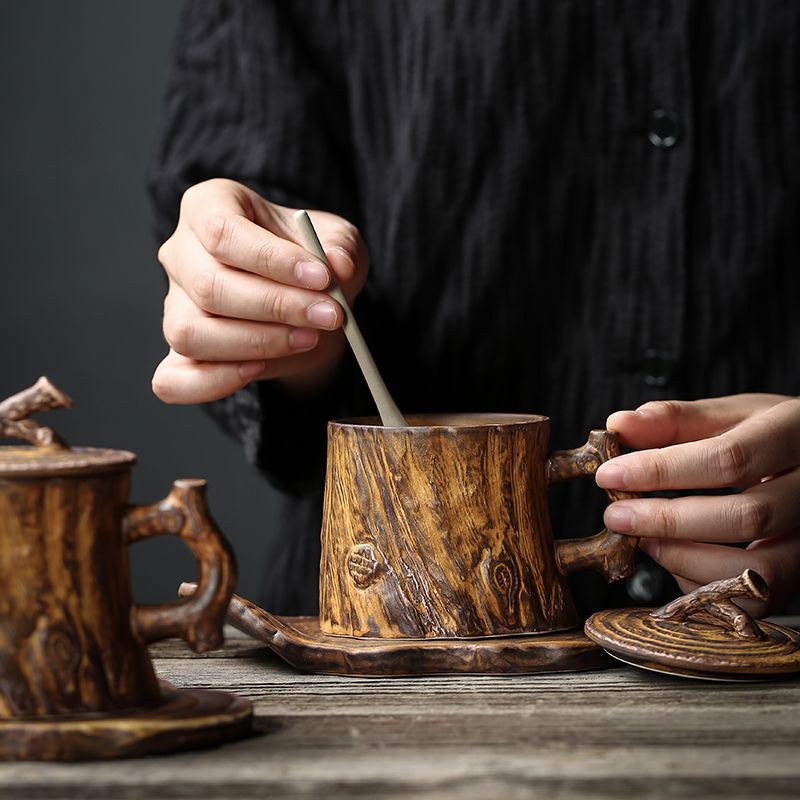 咖啡杯子 小眾手工粗陶咖啡杯個性帶把手沖咖啡馬克杯創意仿樹樁復古拉花杯 免運