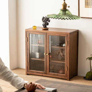 黑胡桃茶具收納柜家用茶室桌面防塵柜透明玻璃實木儲物柜展示柜子
