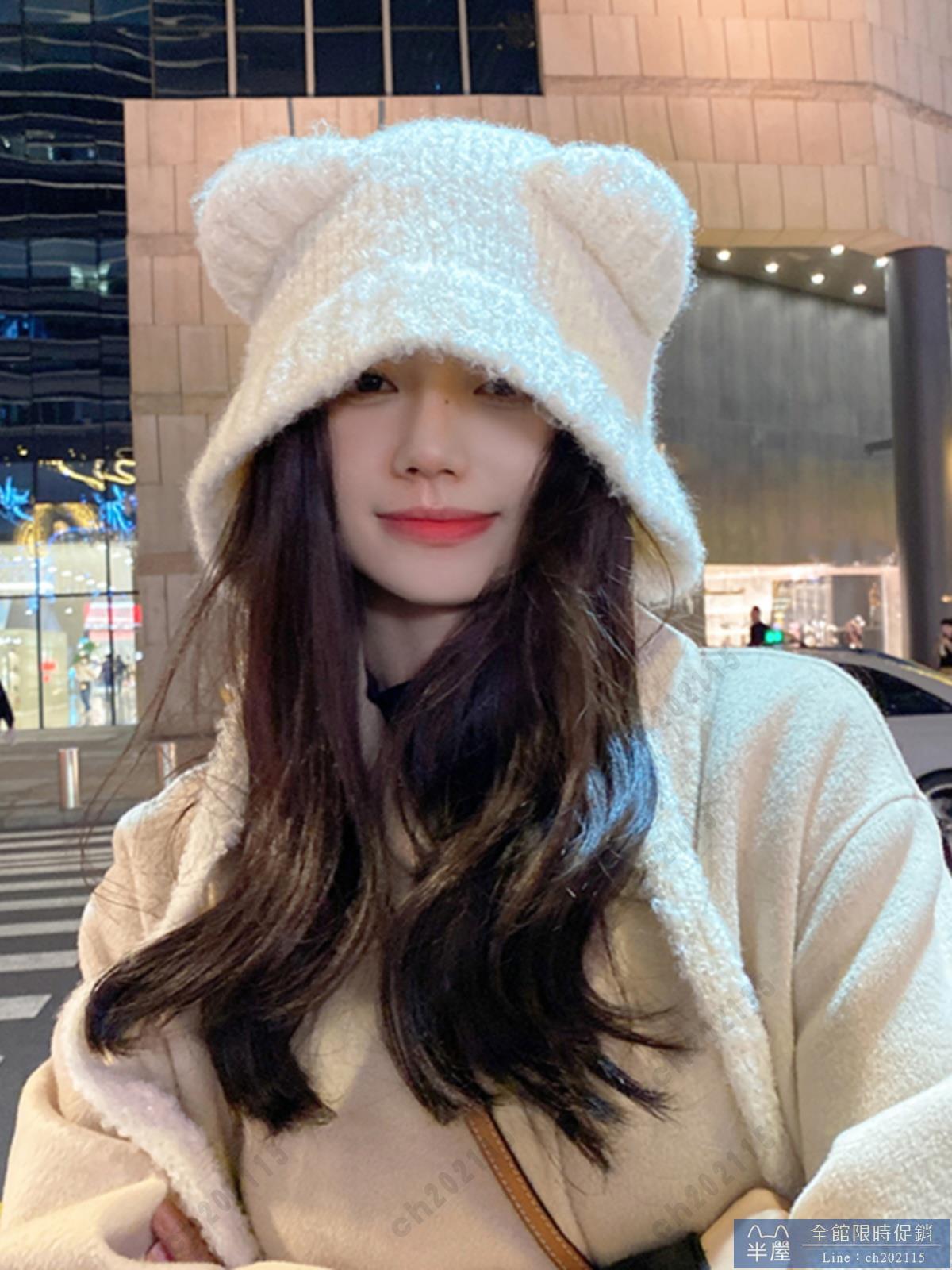毛帽 可愛小熊毛毛帽子女冬可系帶毛線帽女生顯臉小護耳灰色保暖針織帽 半屋