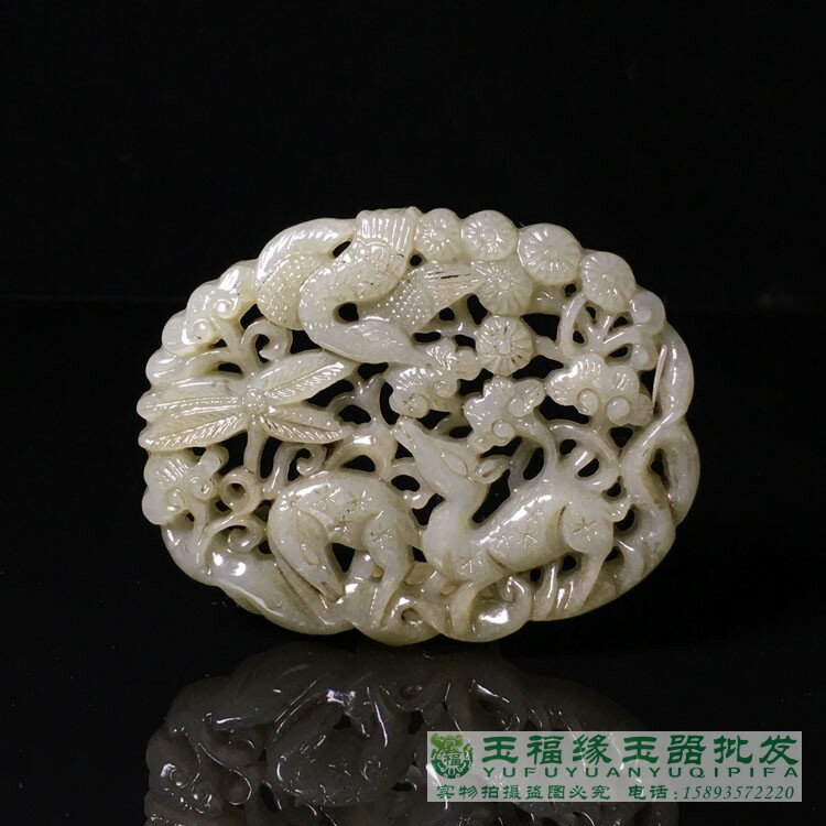1804Y18003】中国 清 和田玉精彫『花鳥紋』玉佩 開運玉器 根付 置物