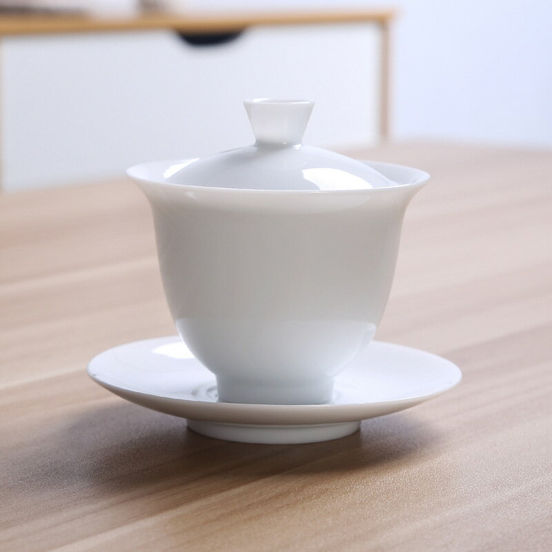 德化羊脂玉白瓷蓋碗大號玉泥功夫茶具家用陶瓷泡茶碗茶杯三才碗