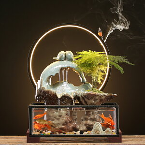 新中式假山水景觀辦公室魚缸轉運球招財燈圈循環流水擺件桌面裝飾