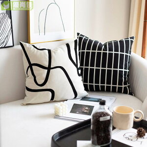 簡約現代輕奢絨繡線條紋靠包麂皮靠墊抱枕樣板房軟裝沙發腰枕