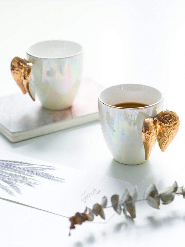 北歐輕奢風創意陶瓷馬克杯描金天使翅膀杯子咖啡杯紅茶杯禮品水杯