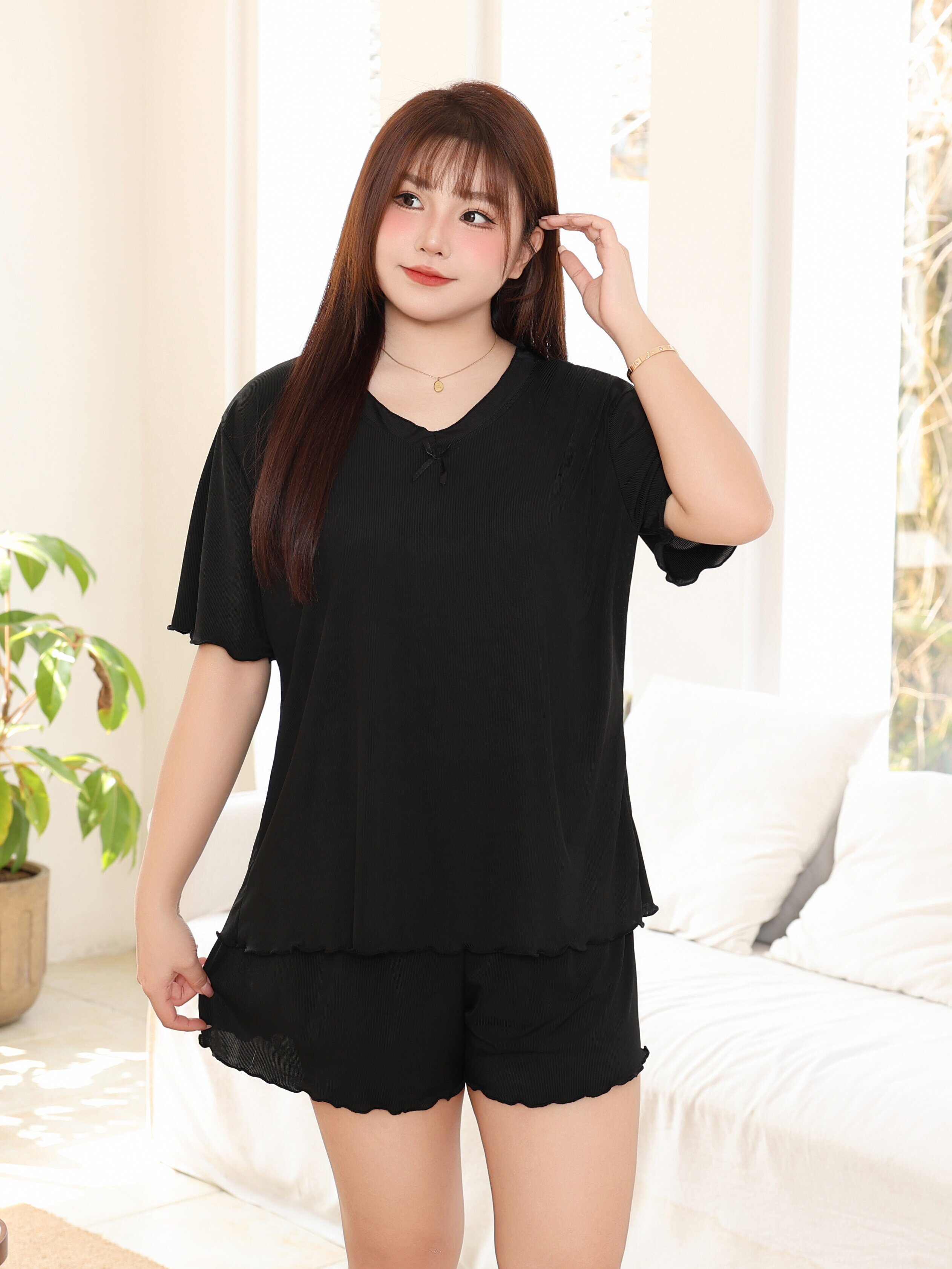 【喜挖】大碼冰絲螺紋睡衣女200斤胖mm夏季薄款涼感透氣短袖家居服套裝