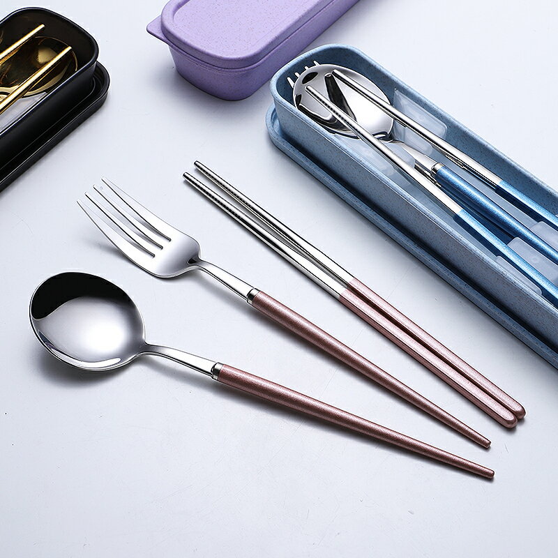 筷勺子套裝 304食品不銹鋼便攜餐具彩色旅行成人叉勺筷子收納盒學生單人套裝『CM44363』
