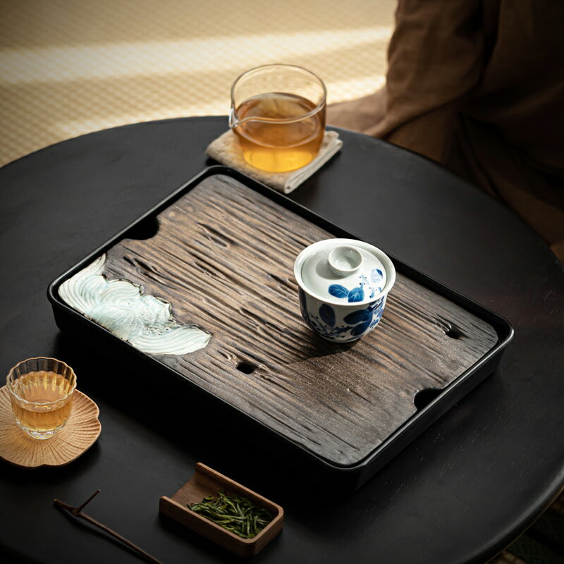 鎏金蓮花干泡茶盤小型家用儲水功夫茶臺日式復古陶瓷茶具托盤茶海