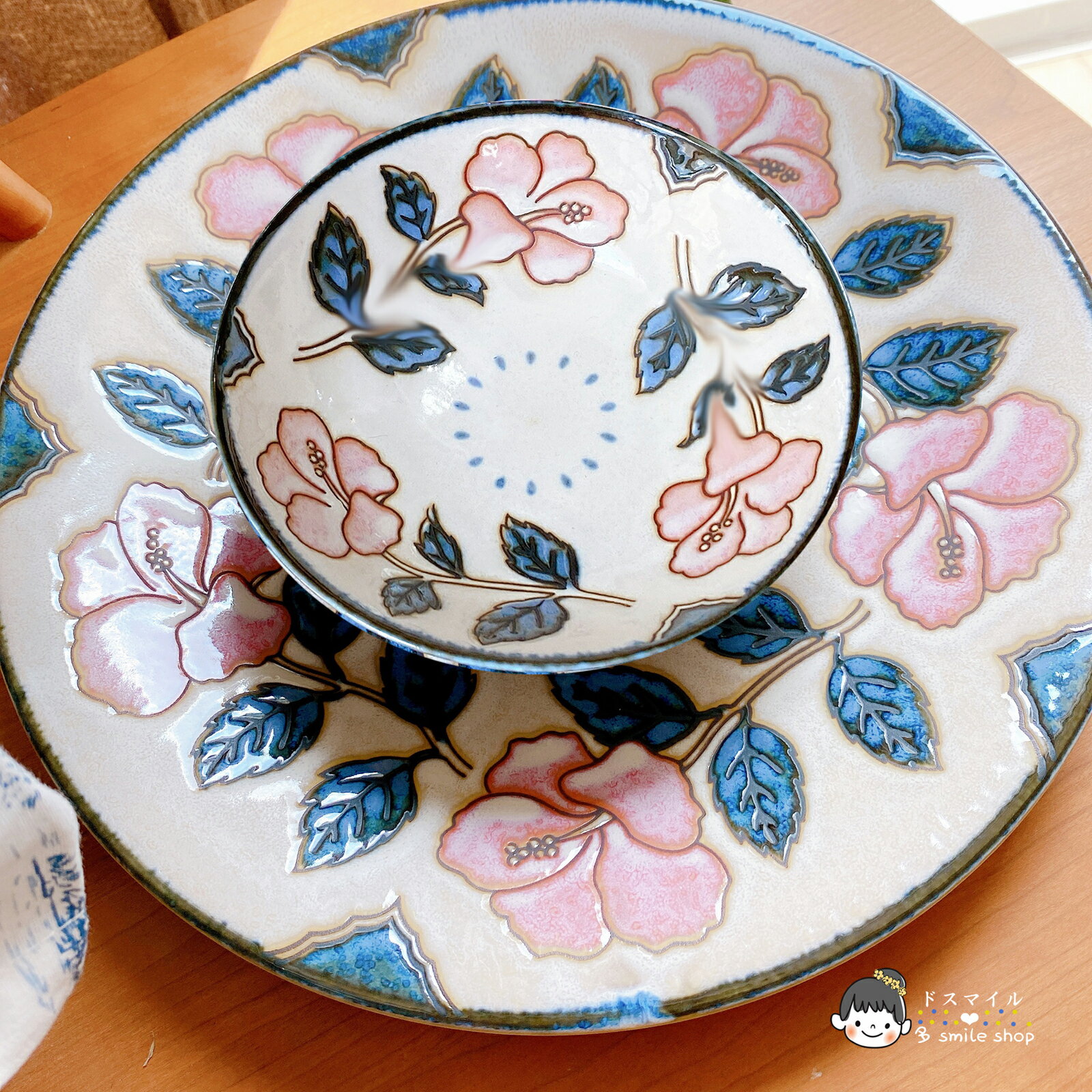 進口美濃燒染彩藍色薔薇玫瑰陶瓷餐盤碟子碗日式和風餐具