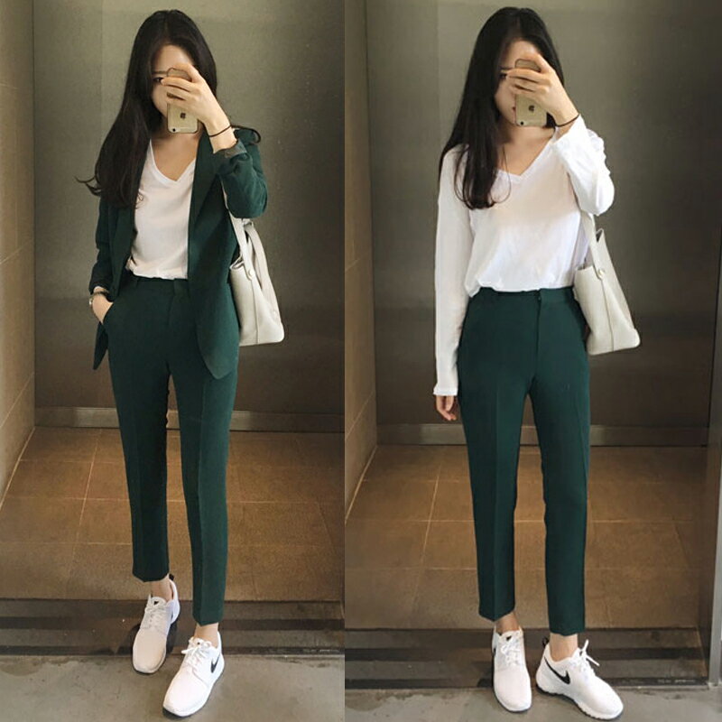 現貨+預購 西裝外套 西裝褲 兩件套-休閒一粒扣純色小腳褲女套裝3色73xs6【獨家進口】【米蘭精品】