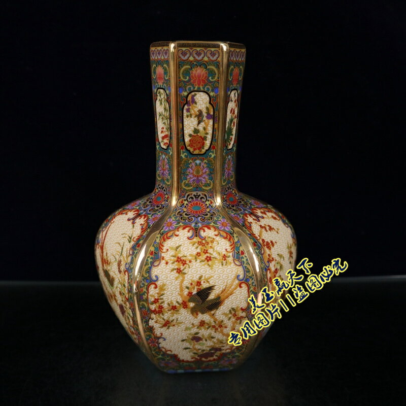景德鎮瓷器花瓶 琺瑯彩描金花鳥天球花瓶擺件 六方花瓶喜上枝頭