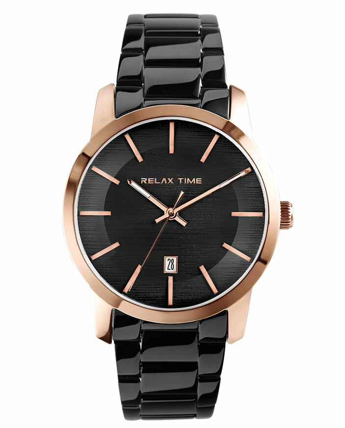 RELAX TIME 【首選 情侶錶】RELAX TIME 文青水波系列 Water wave (RT-86-6L) 黑x玫瑰金