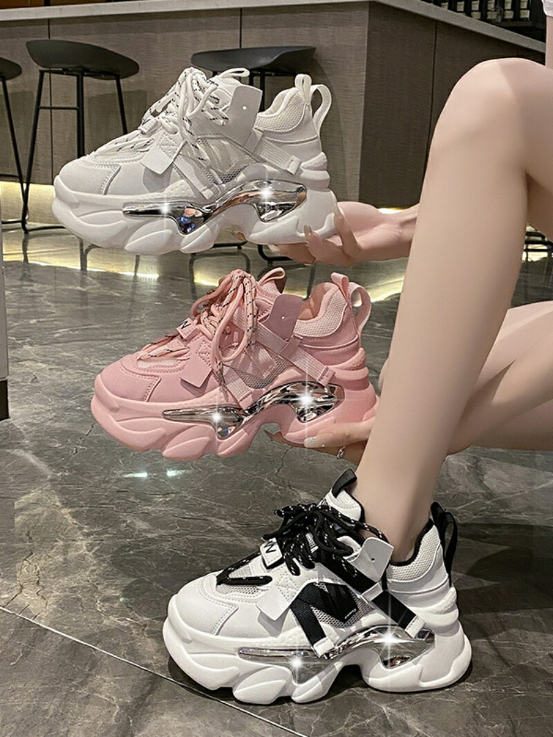 熱銷款老爹鞋女款2025新款夏季厚底增高鞋子百搭休閒真皮透氣運動鞋