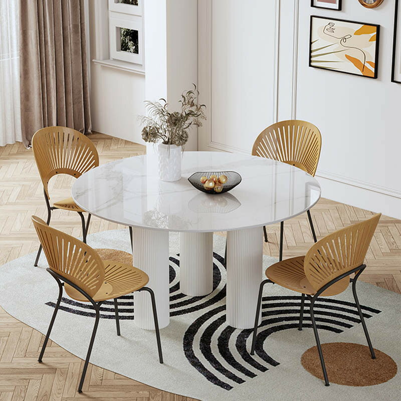 椅子 餐桌 輕奢圓形餐桌椅組合設計師創意現代簡約亮光巖板飯桌法式奶油風