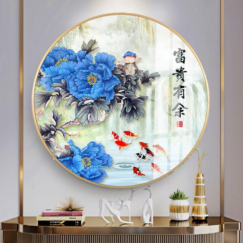 新中式裝飾畫晶瓷畫玄關掛畫客廳簡約沙發墻畫圓形牡丹花壁畫