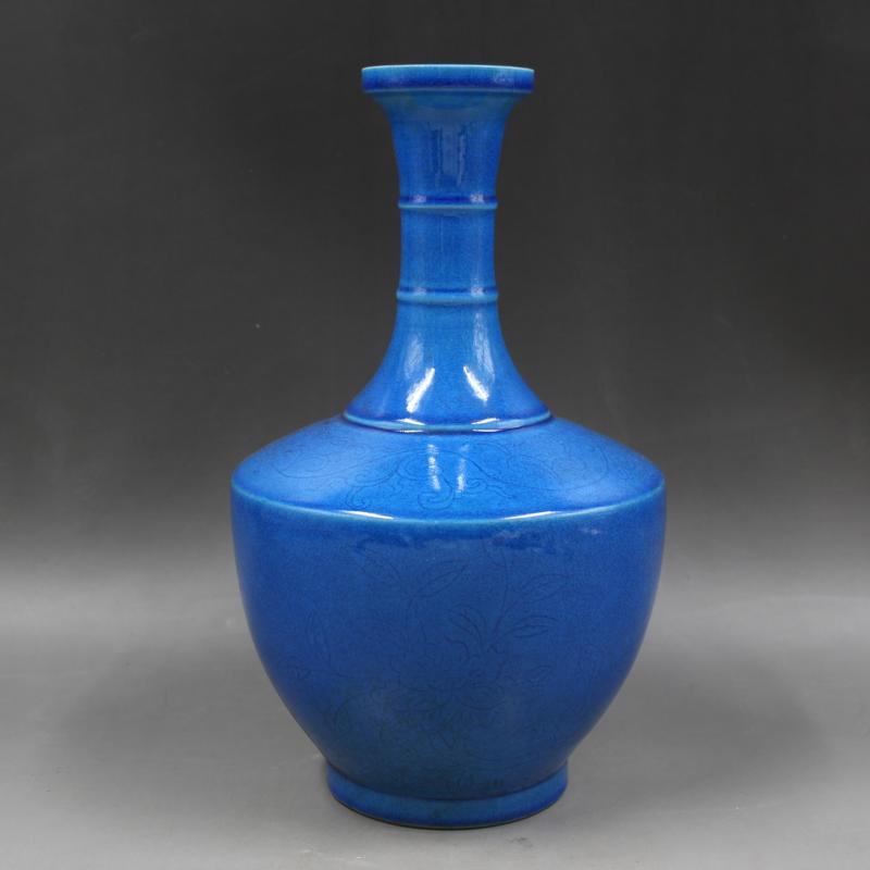 大明弘治年制刻花孔雀藍釉竹節瓶手工仿古瓷器家居擺件古董古玩1入