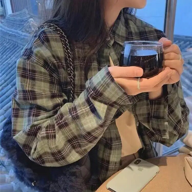 格子襯衫 女上衣 女裝 衣服 寬鬆上衣 格子襯衫女春夏秋新款韓版時尚少女小個子復古長袖襯衣休閒外套 0