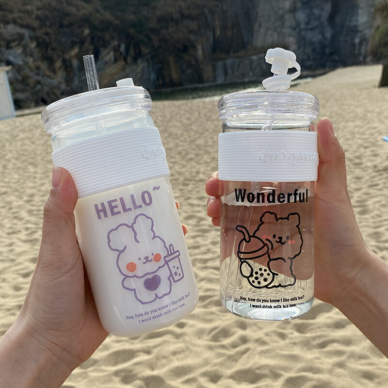 可愛ins風水杯女玻璃杯帶吸管便攜透明杯子簡約清新學生隨手杯