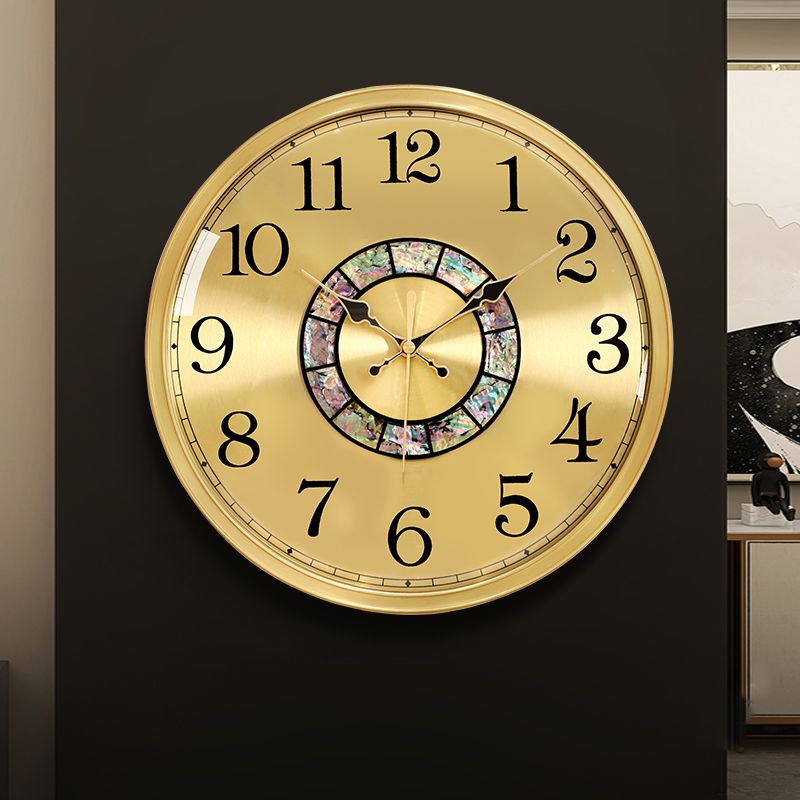 掛鐘 時鐘 客廳時鐘 新中式輕奢黃銅貝殼掛鐘客廳家用時尚圓形高檔靜音時鐘表簡約現代