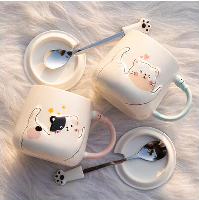 陶瓷馬克水杯子帶蓋勺貓咪創意家用日式男女情侶款一對牛奶咖啡杯 全館免運