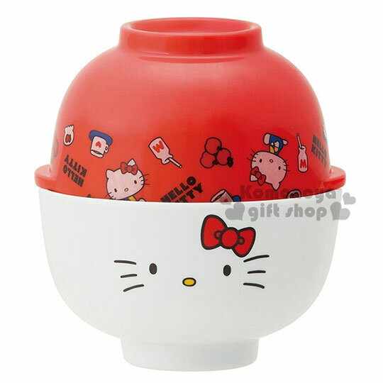 〔小禮堂〕Hello Kitty 美耐皿湯茶碗組《紅白.2入.大臉.食物滿版》70年代系列