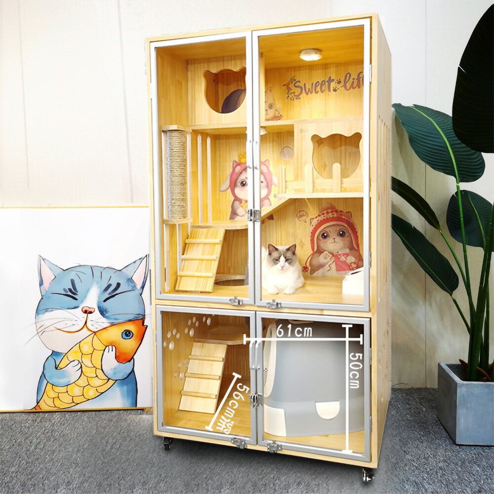 【台灣現貨+預購】家用豪華實木貓別墅 貓籠子 防水貓房子 超大二三層貓公寓 貓櫃子貓舍貓屋貓窩（四開門90*60*159cm） 1
