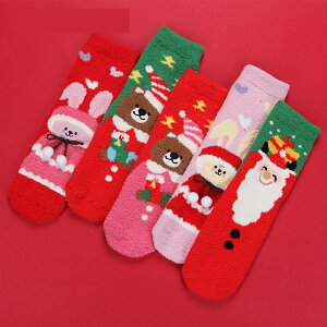 立體圖案襪子短襪女毛絨絨卡通公仔可愛冬季圣誕襪子珊瑚絨大紅1入