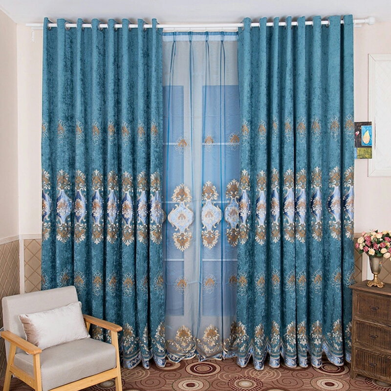 窗簾布孔雀藍高級感歐式2021年新款全遮光布臥室防曬陽臺客廳窗紗