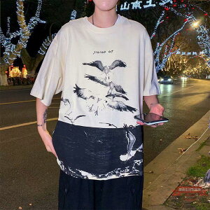 仙鶴 短袖 T恤 男 加肥 大尺碼 國潮 胖子 體恤 夏季 情侶裝 中國風 半截袖